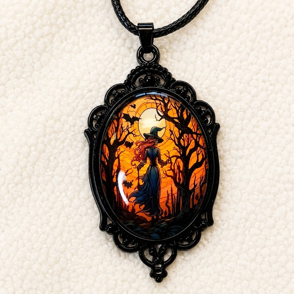 Gothic Witch‎ Cameo Necklace Victorian Halloween Black Orange Pendant NWT